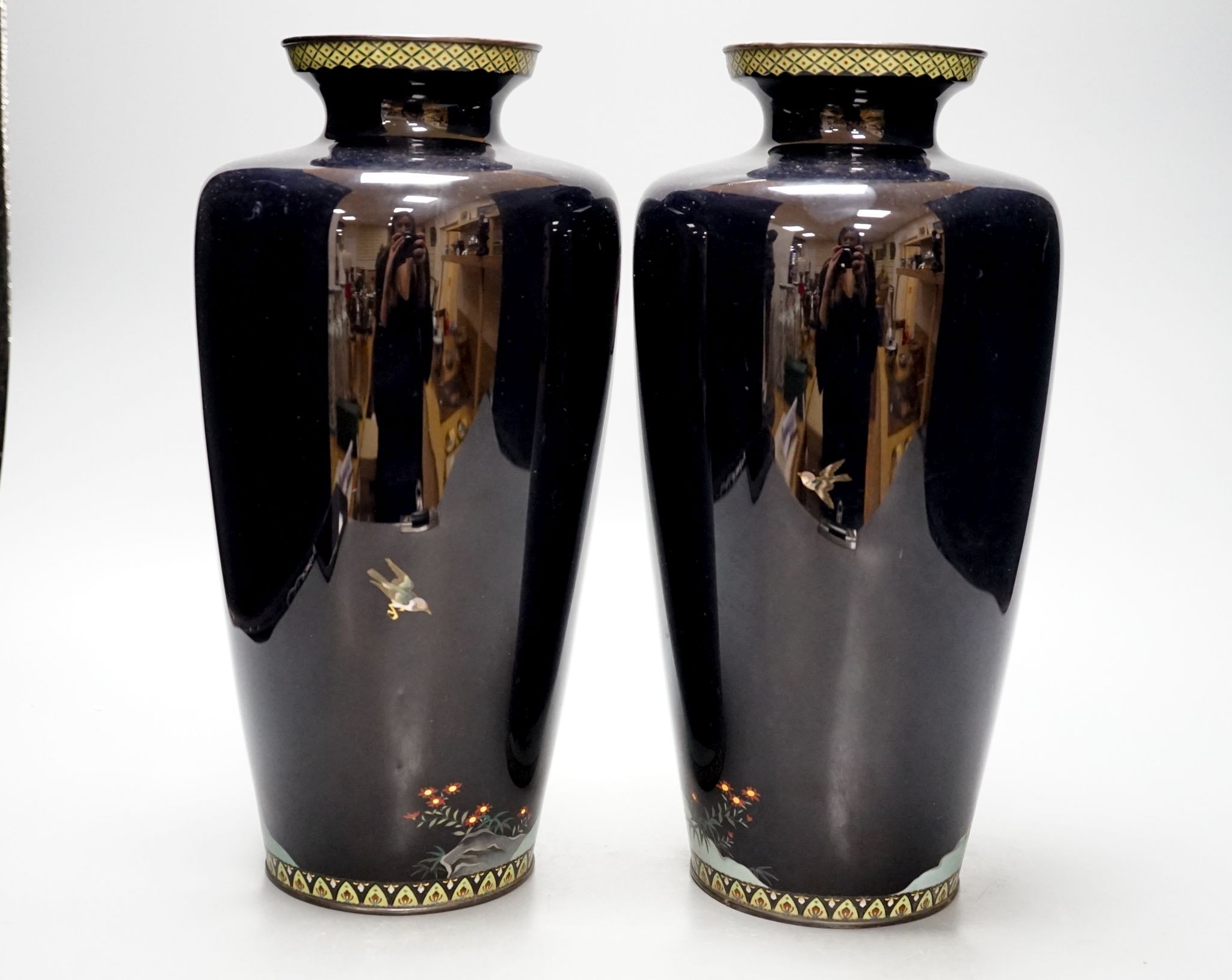 A pair of Japanese cloisonne vases (af), 31cm